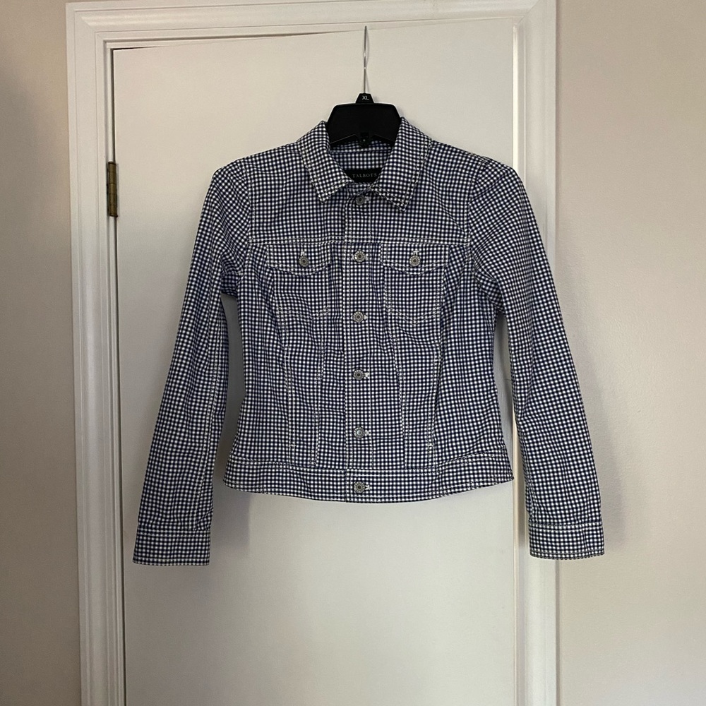 Talbots Navy Check Jean Jacket   Sz XS